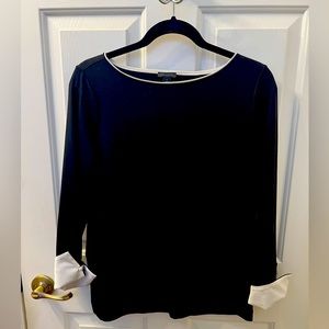 Ann Taylor 3/4 sleeve black top with white buttoned cuff, size medium